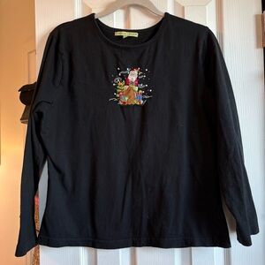 Carolyn Taylor Black Long-Sleeve Tee with Festive Santa Embroidery